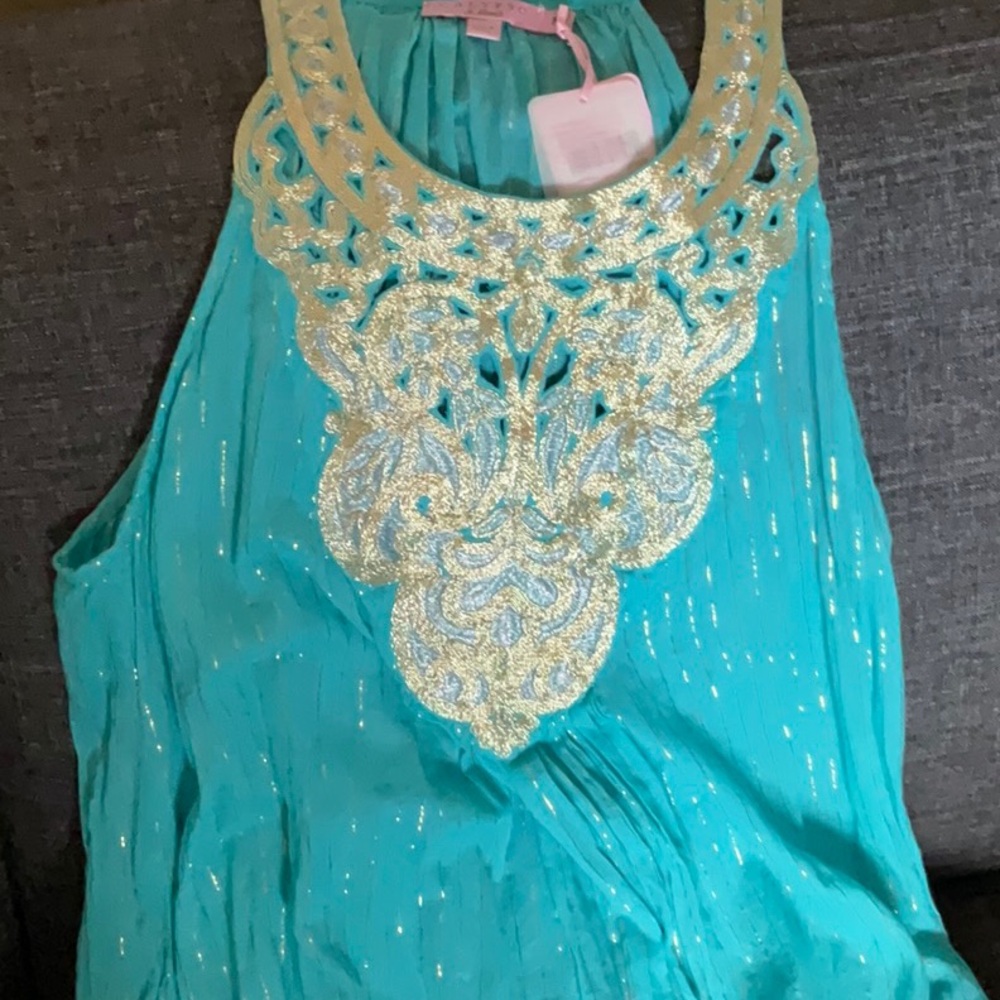 NWT CALYPSO TURQUOISE AND GOLD CIELO MACEO DRESS coverup M STUNNING gold thread